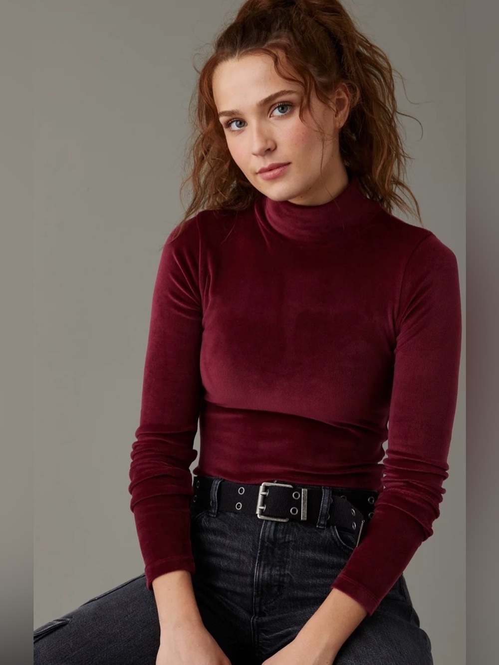 AE Long-Sleeve Velvet Mockneck Bodysuit Thong Top Women’s Size Large whimsygoth,